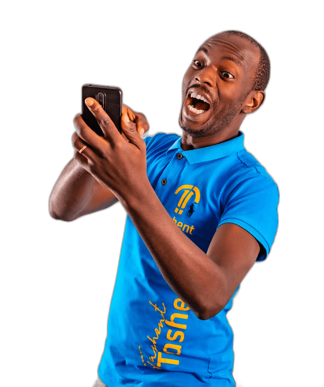 Smiling person celebrating while looking at their phone